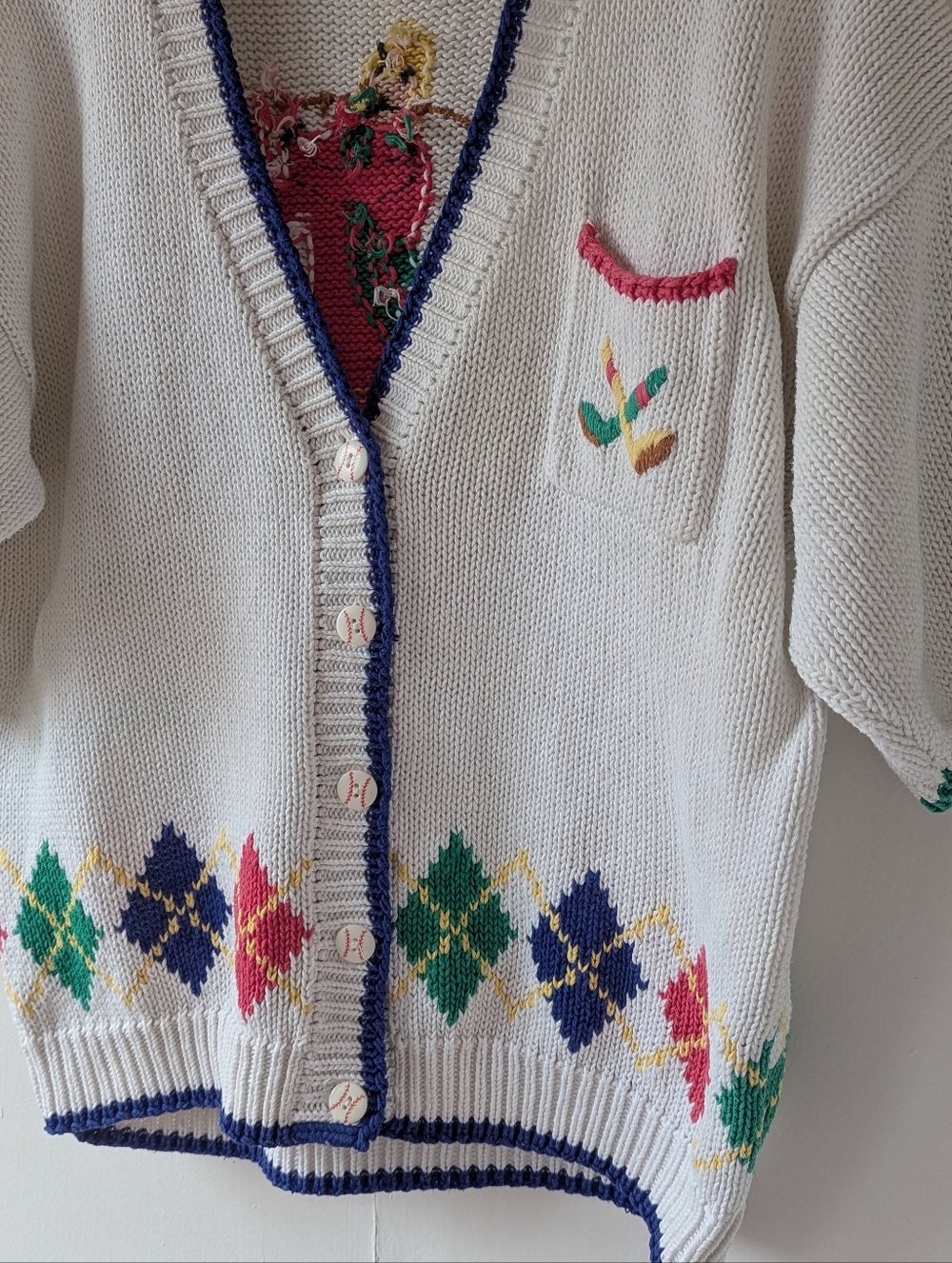 Vintage Cape Isle Knitters Baseball White Multicolor Argyle Knit Cardigan Large - Picture 4 of 13